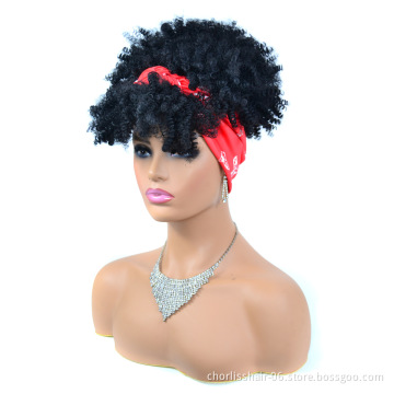 Wholesale Headbands Black Short  Afro Wig Synthetic Wigs African Kinky Curly Box Wrap Puff Turban wigs For women